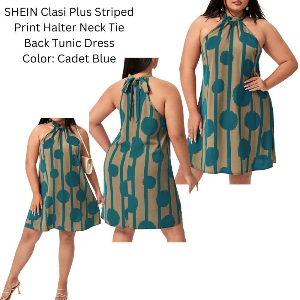 Plus Striped Print Halter Neck Tie Back Tunic Dress  Cadet Blue/3XL(18)
